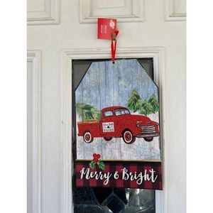 13" Buffalo Check Merry and Bright Red Truck Tree Farm Wood Sign Door Hanger